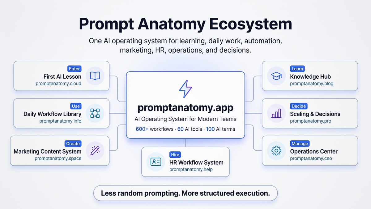 Diagram: promptanatomy.app at the center, connected to promptanatomy.cloud, promptanatomy.info, promptanatomy.space, promptanatomy.help, promptanatomy.blog, promptanatomy.pro, and promptanatomy.ceo